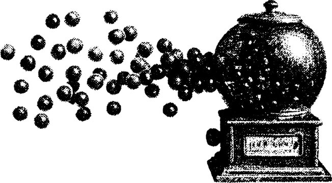 Gumball machine illustration in vintage style. Simple black and white graphic with colorful candy rounds, ideal for vector applications.