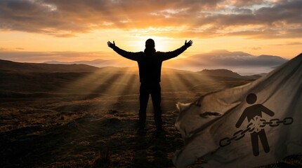 Fototapeta premium A man stands with arms outstretched in a vast landscape at sunset next to a broken chain.