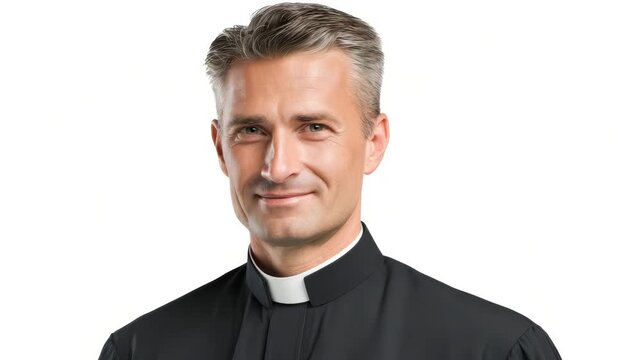 Portrait of a handsome mature priest with a clerical collar isolated on white background