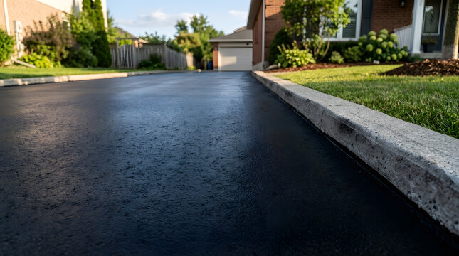 Freshly Paved Black Asphalt Driveway for Residential House | Professional Sealcoating and Home Maintenance | New Smooth Blacktop Surface with Concrete Curb | Modern Paving and Real Estate Value