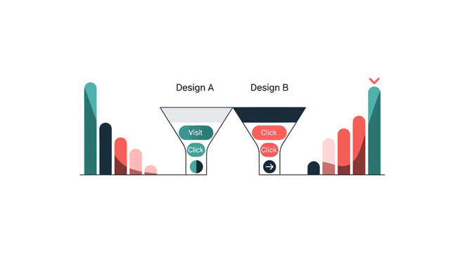 A/B Split Testing and Conversion Funnel Optimization Vector Illustration for Digital Marketing and UX Design Analytics