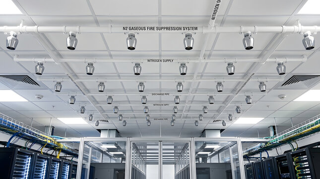 Modern Data Center N2 Gaseous Fire Suppression System | Industrial Ceiling Fire Protection Nozzles and Nitrogen Supply Piping | Server Room Safety Infrastructure | High-Tech Facility Security