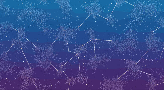 Dreamy abstract background featuring a subtle star map or constellation pattern made of scattered dots and connecting lines on a mesmerizing blue to purple gradient.