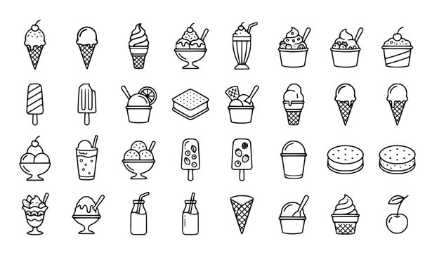 Summer dessert ice cream and frozen treat icon set vector illustration