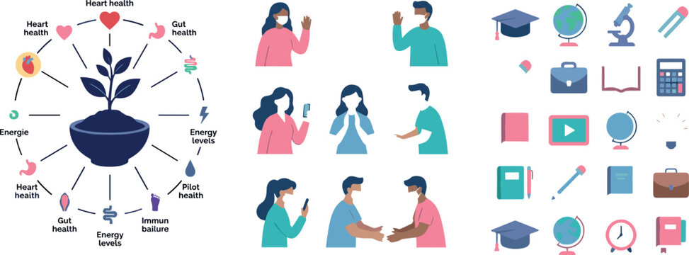 Creative graphic design element set showing a wellness wheel chart diverse characters greeting each other and academic learning university icons