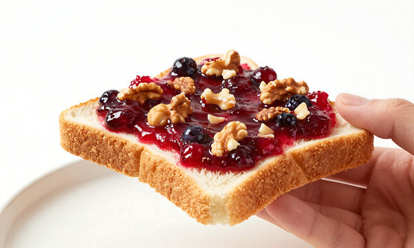 shot hand holding slice toast layer vibrant red berry spread topped assorted nuts partially occluded