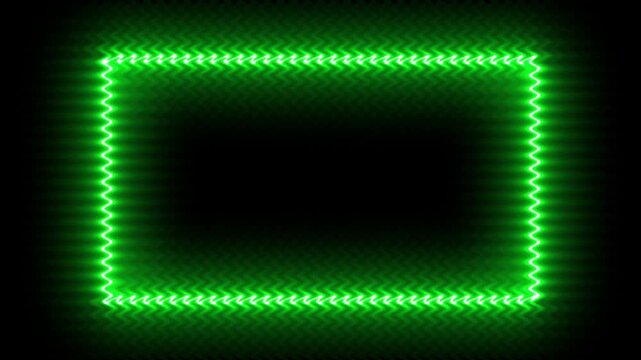 Green neon square frame morphs into rectangle in digital animation footage