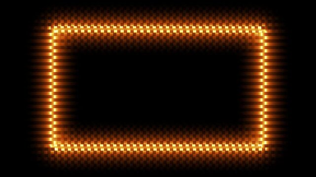 Orange neon rectangle frame pulsing and expanding in dark background footage