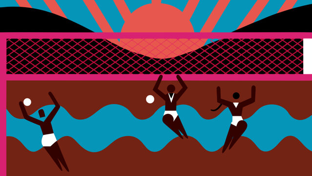 Illustration of three volleyball players on the beach with a net and sun in the background scene on transparent background silhouette