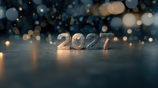 New Year 2027 celebration with shining numbers in a dark background