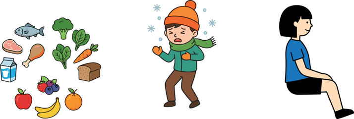 Fototapeta premium Flat design cartoon vector elements featuring healthy organic groceries boy freezing from winter cold weather and side view of sitting woman