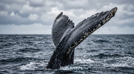 Naklejka premium Humpback whale tail displaying grace in ocean waves against a cloudy sky