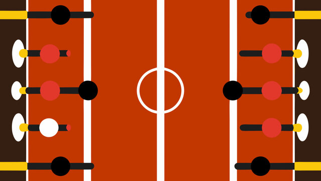 Overhead view of a foosball table with red black and white players on brown background and white lines on transparent background silhouette