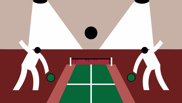 Stylized bocce ball game scene with two players and green court under bright spotlights above them on transparent background silhouette
