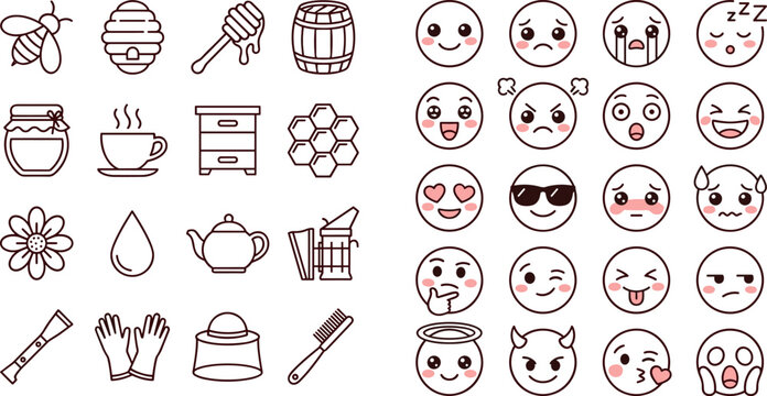 Kawaii line art vector design elements showcasing bee honey jar hives equipment and various expressive round face emotion smileys collection