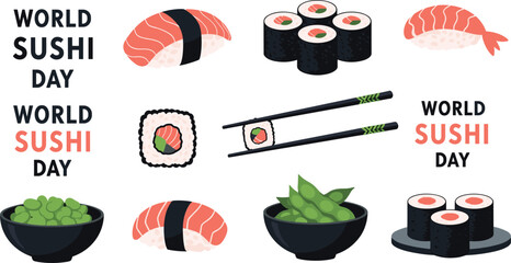 World Sushi Day Vector Icon Set with Salmon Nigiri Maki Rolls Chopsticks Edamame Bowls and Creative Typography © Firoz