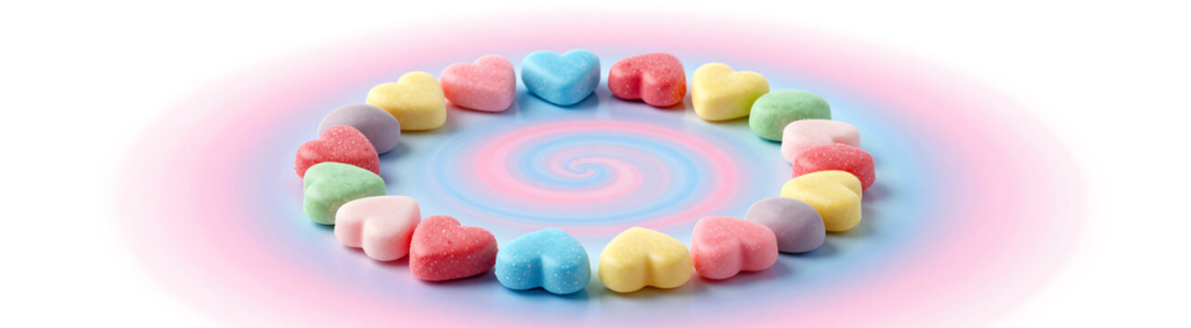 cluster colorful candies assorted playful sweets arranged circular pattern vibrant pink blue swirled