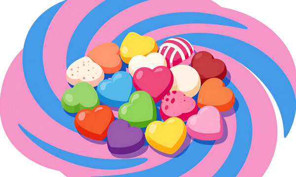 cluster colorful candies assorted playful sweets arranged circular pattern vibrant pink blue swirled