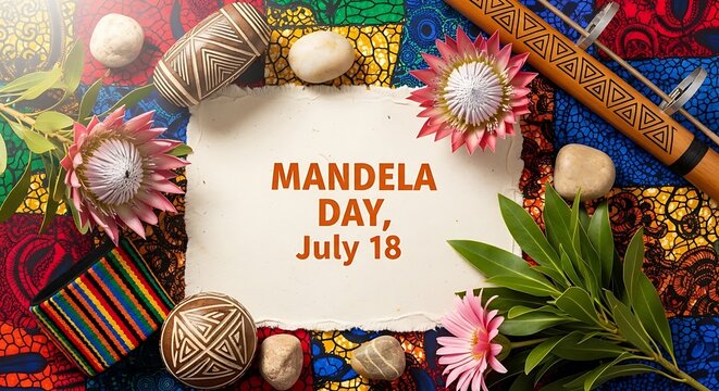 Colorful Mandela Day celebration banner with flowers and fabric on July 18
