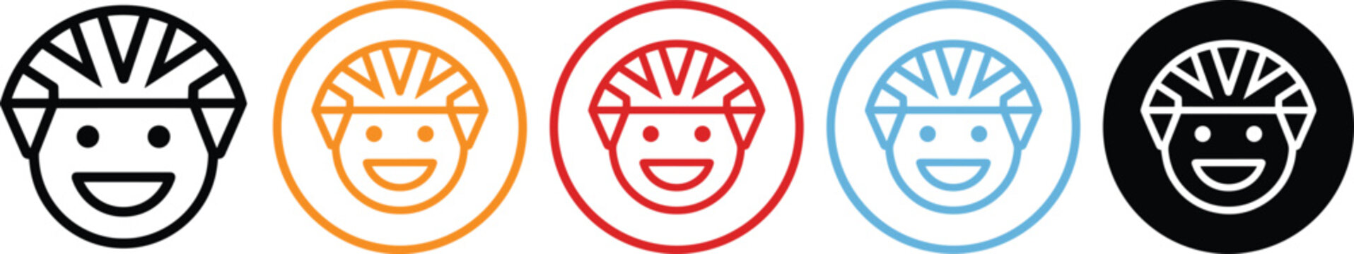Cyclist with helmet icon set, smiling face wearing protective gear, safety, sport, and biking concept