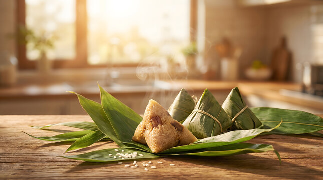Steaming traditional rice dumplings on a wooden table for dragon boat festival