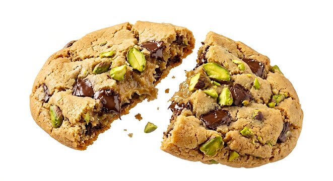 Chocolate chip cookie with pistachios and dark chocolate chunks, broken in half with scattered crumbs, floating on white background 