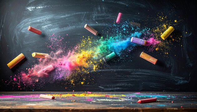 Vibrant Chalk Pastels Exploding with Rainbow Color onto a Dusty Blackboard