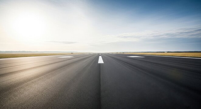 Expansive empty airport runway leading towards a clear blue sky and distant horizon