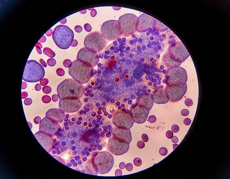 microscopic view of abnormal bone marrow cells displaying immature blasts nuclear abnormalities and dysplastic features characteristic of myelodysplastic syndrome a blood cancer disorder