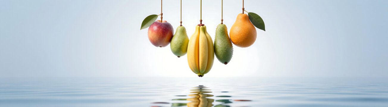 colorful arrangement fresh exotic fruits hangs reflective calm water surface subtle soft diffused lighting effect casting
