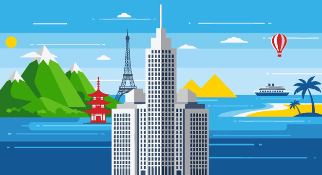 Global travel and tourism concept with famous landmarks and diverse landscapes, representing international destinations and exploration.