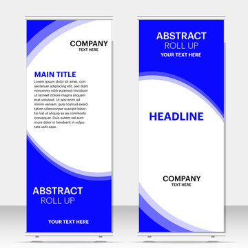 Corporate blue roll up banner template design set, abstract business pull up standee layout vector, modern x-banner x-stand display for seminar exhibition