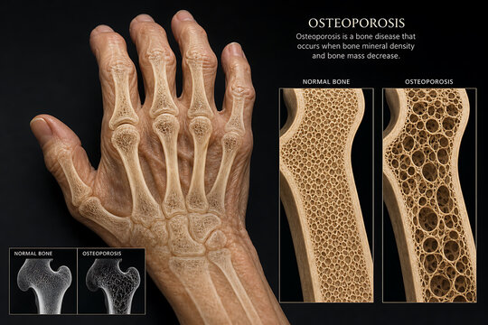 X-ray image of a human hand and leg bones showing osteoporosis condition with bone density loss.
