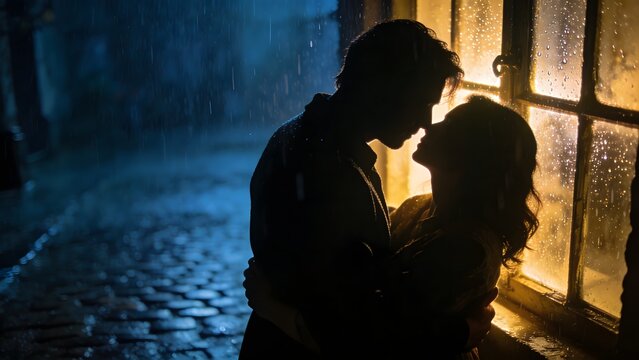 Side profile of an elegant man and woman in silhouette against a window with raindrops. Atmospheric night scene featuring warm backlighting, steam, and a deep sense of romantic connection