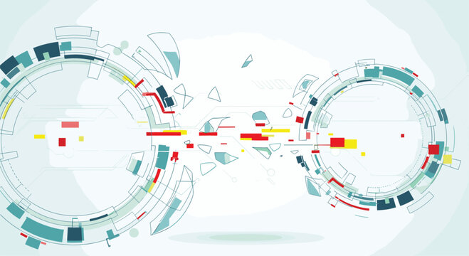 Futuristic abstract technological background showcasing a dynamic explosion of circular elements, lines, and fragments, symbolizing data analysis, connection, and digital innovation.