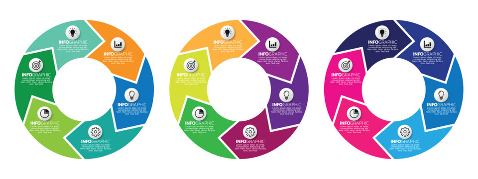 Business infographics. Circular arrows with 7 steps,  Circle arrow charts. spinning arrows, repeat circle combinations and reload icon. Business strategy workflow process infographic elements. 