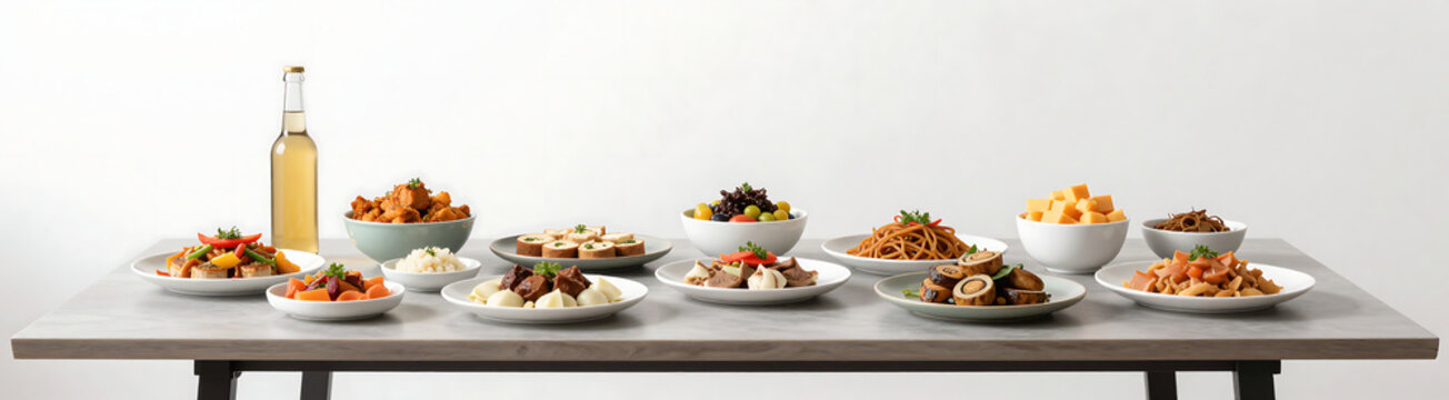 colorful spread various international dishes sleek modern serving table bright airy studio even lighting