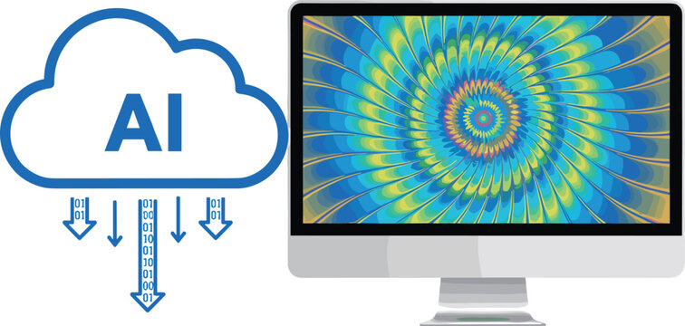 Colorful vector illustration of AI cloud with binary data arrows flowing into computer monitor displaying spiral visualization