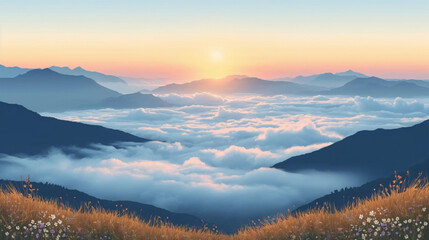 illustration of a sea of ​​clouds in a mountain valley at sunrise. © Pemuda