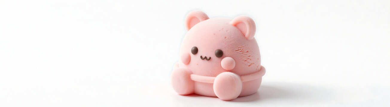 cute pastel pink frozen dessert shaped like ice cream resembling cartoon character face sits alone white studio backdrop