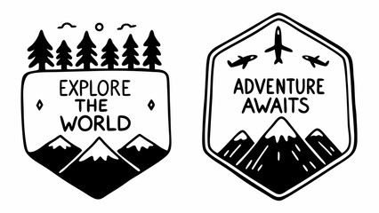 Two travel themed badges with trees mountains and planes and text that says explore the world and adventure awaits on transparent background silhouette © sajida