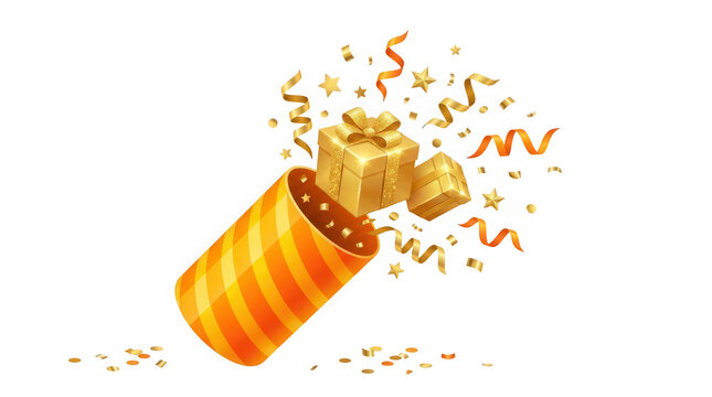 Party popper exploding with golden gifts and confetti on transparent background.