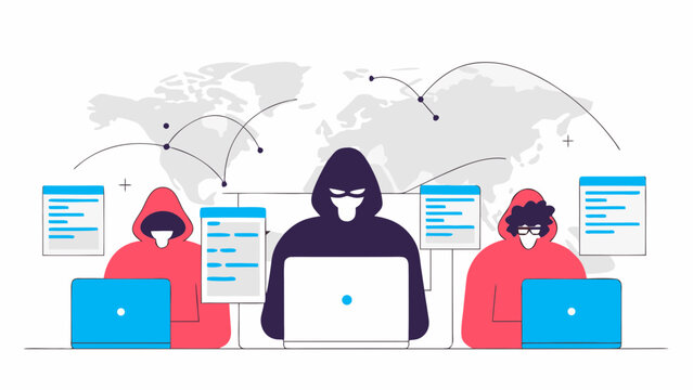 Illustration of three hackers using laptops with a world map in the background network connection on transparent background silhouette