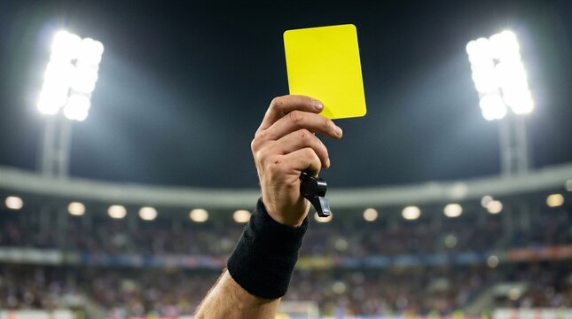 Referee showing yellow card in illuminated football stadium, soccer warning, penalty decision and sports discipline.