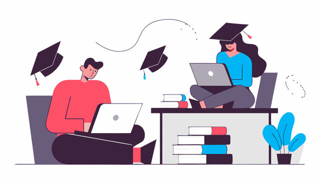 Students studying online with laptops and graduation hats in a bright modern illustration style on transparent background silhouette