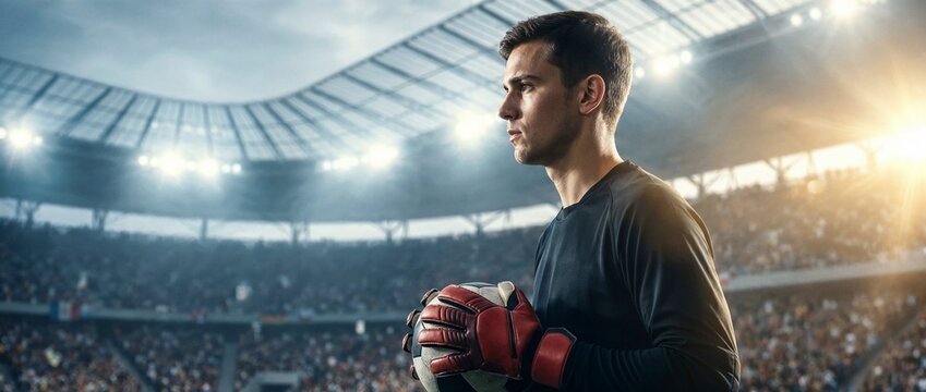 Focused soccer goalkeeper holding ball in dramatic stadium lights, professional football player ready for match with intense sports atmosphere with copy space.