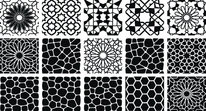 Set of traditional Islamic geometric patterns and organic stone textures featuring intricate mandalas star shapes and pebble mosaics for architectural decor and abstract background designs.