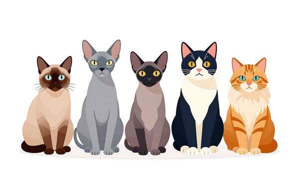 group five cats different breeds including siamese sphynx tabbies sit white studio backdrop soft diffused