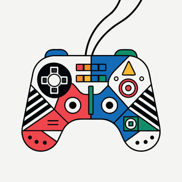 Cute retro game controller illustration in pixel art style, colorful gaming joystick with buttons and directional pad, isolated on orange background, cartoon vector design, vibrant colors, playful gam