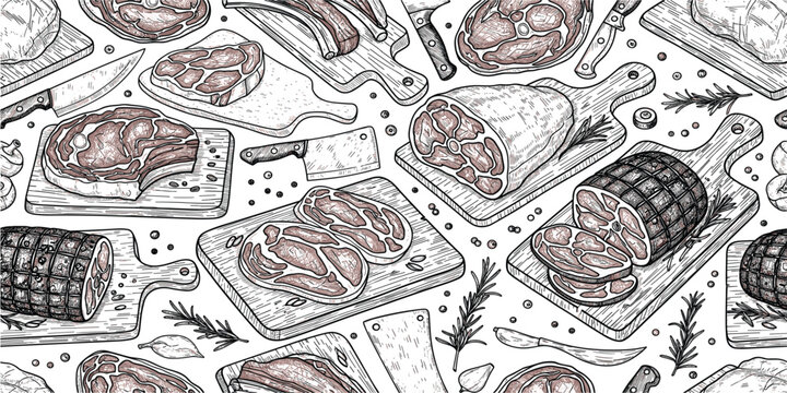 Hand Drawn Butcher Shop Meat and Steaks Seamless Pattern Vector for Restaurant Menus, Packaging, BBQ, and Steakhouse Graphic Designs